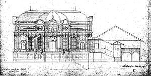 Plan para la fachada oeste que data de 1873 después de que el revestimiento de piedra (la construcción de la fase 4) y con la Logia Real sigue en su lugar