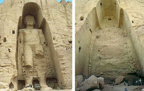 Los budas de Bamiyán tallados en la montaña, fueron dinamitados por los talibanes en el año 2000.