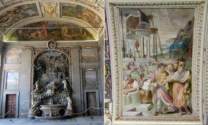 Sala d'Ercole (left) fountain; (right) Construction of a Temple to Hercules, fresco by Federico Zuccari (the man holding a piece of paper and compasses is il Vignola)