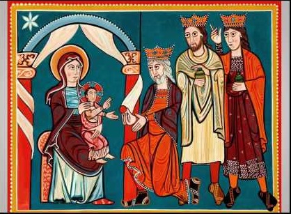 Es una pintura del período románico de los Reyes Magos de Oriente con el niño Dios.